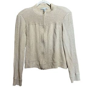ST JOHN Cardigan Womens Large Beige Wool Blend Chunky Knit Zippered Sweater